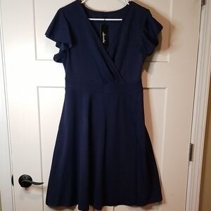 Ruffle Cap Sleeve Wrap Top A line Swing Navy Blue Cocktail Party Work Dress NWT